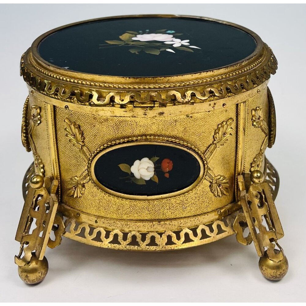 Antique 6.5" Pietra Dura Micromosaic Round Gilt-Bronze JEWELRY BOX w/ Velvet Key - Picture 5 of 12